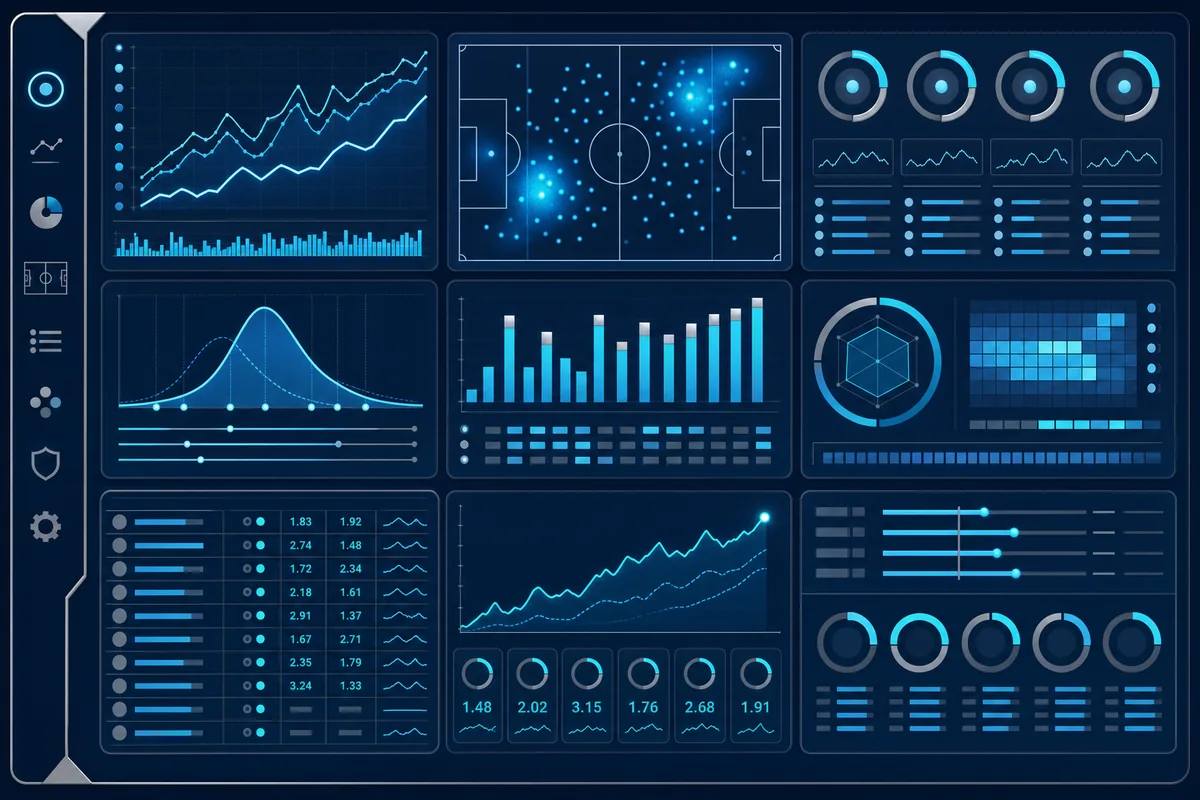 Ilustrasi dasbor data olahraga bergaya teknis dengan grafik batang, angka odds, dan gelombang probabilitas bernuansa biru navy dan cyan